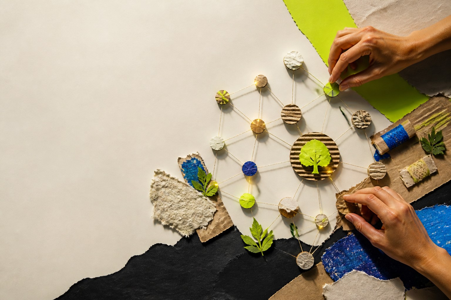 Hands connecting handmade paper nodes into a resource network
